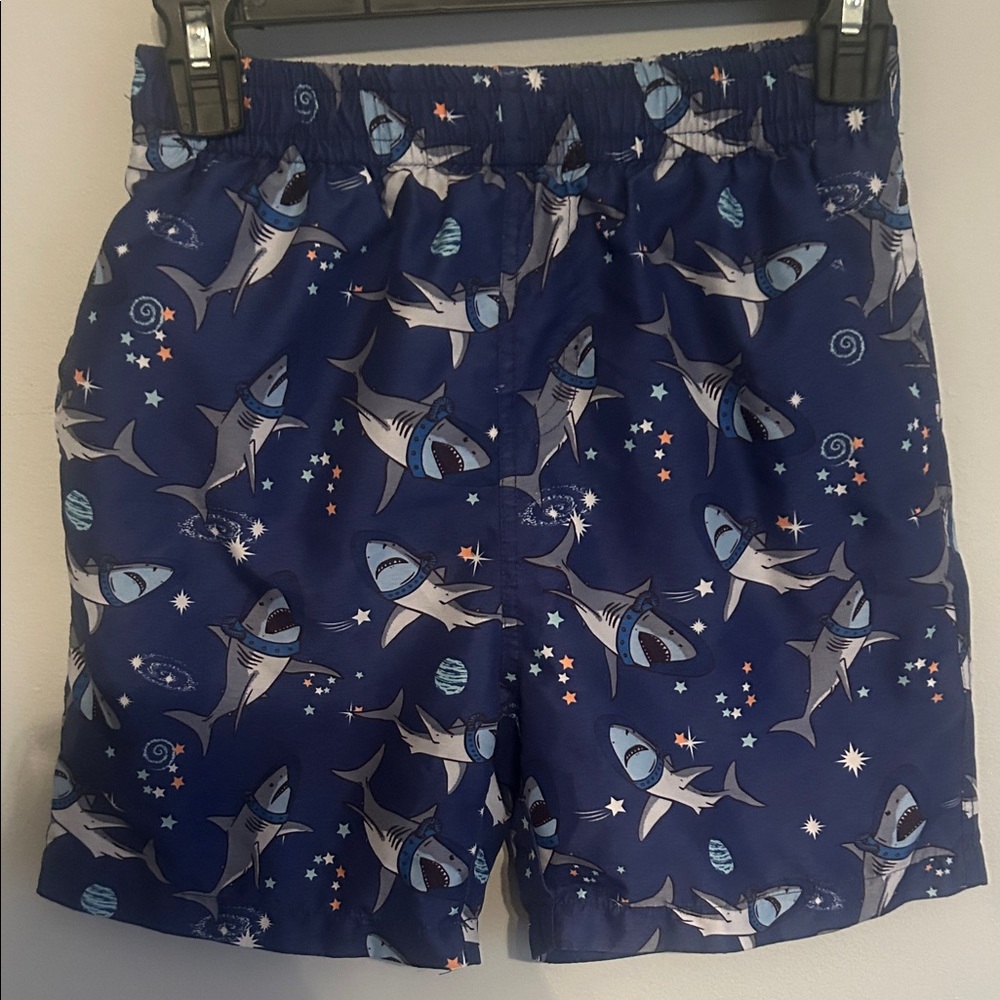 Shark Print Blue Swim Shorts with undershirts and pocket (as pictured)